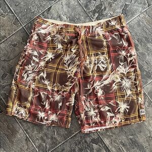 HONOLUA Men’s Floral Plaid Brown Lace-Front Sporty Swim Beach Pool Board Shorts